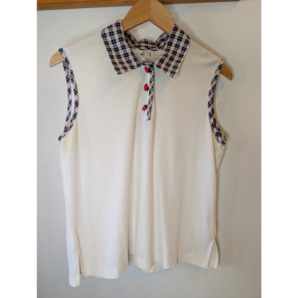 Vintage Cricket Lane Petite Sleeveless Polo Plaid Strawberry Button Top